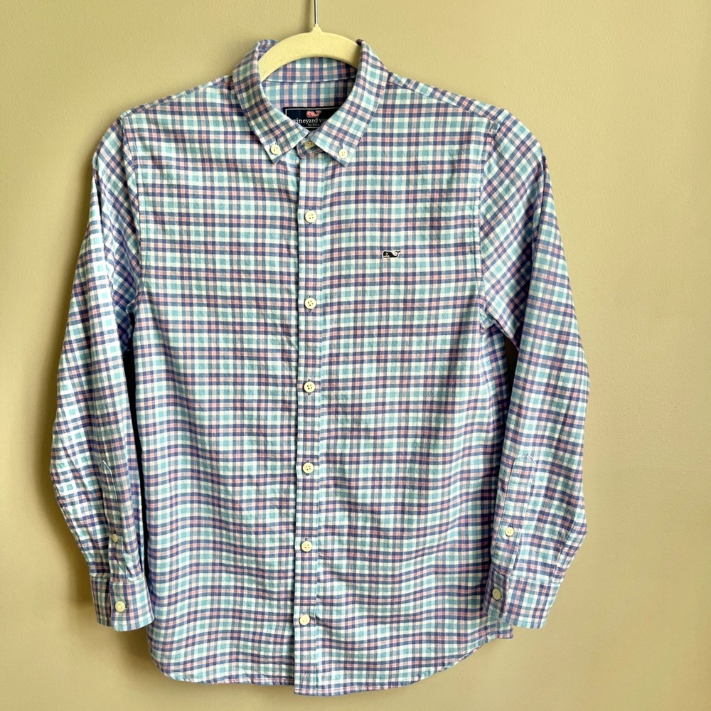 Vineyard Vines Whale Shirt Boys Medium 12-14 Plaid 100% Cotton Preppy Coastal